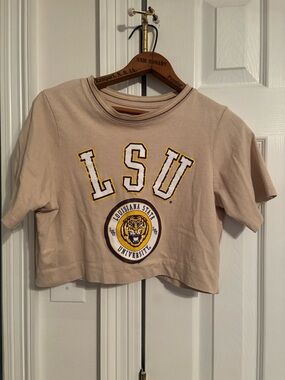 LSU Cropped Graphic Tee - Beige with Yellow & Purple Logo